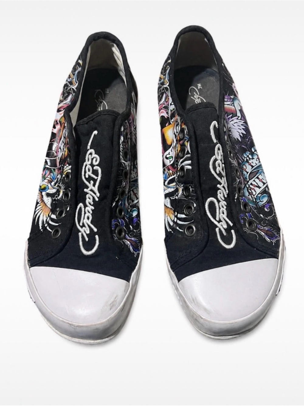 Ed Hardy Canvas Slip-On Sneakers Tattoo Print Women’s US 7 EU 38 Black